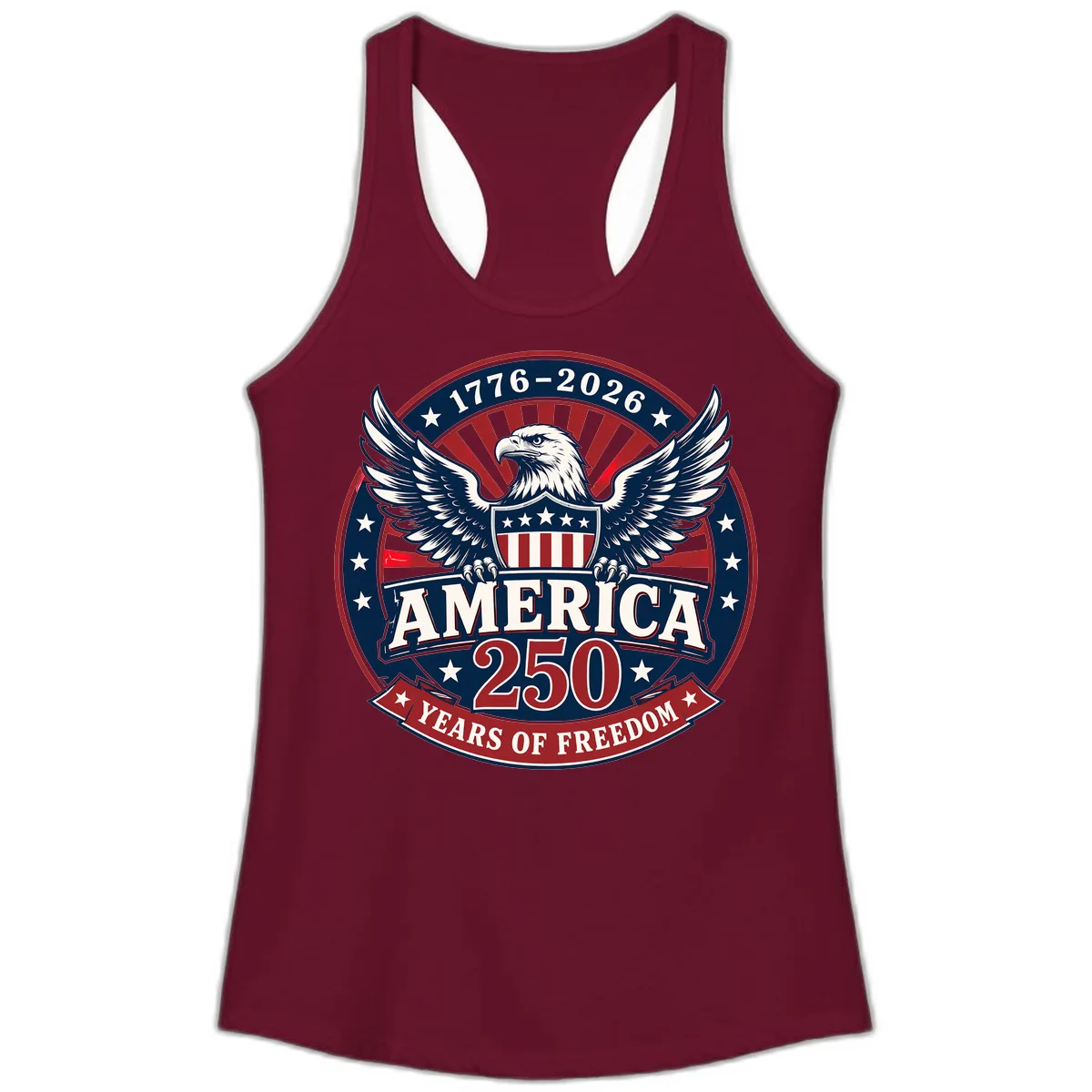 America 250 Years Of Freedom Celebration Ladies Tank in Solid Cardinal Red